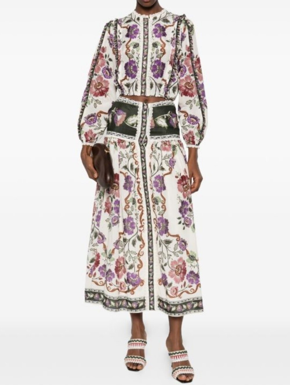 Farm Rio NWT Rococo Flowers Cream Midi Skirt & Long Sleeve Blouse Set Size XS